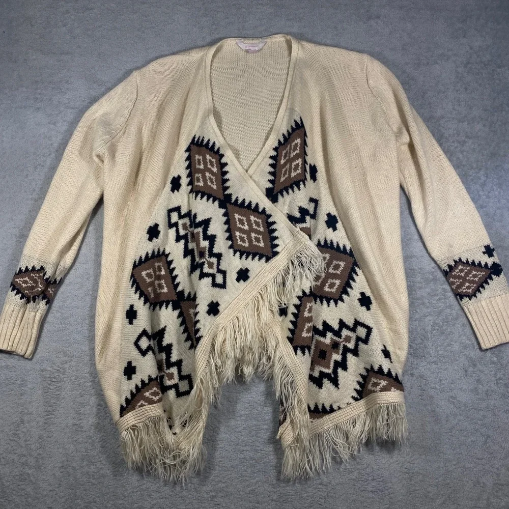 No Boundaries Cardigan Women Large L Cream Southwestern Fringe Open‎ Front Knit